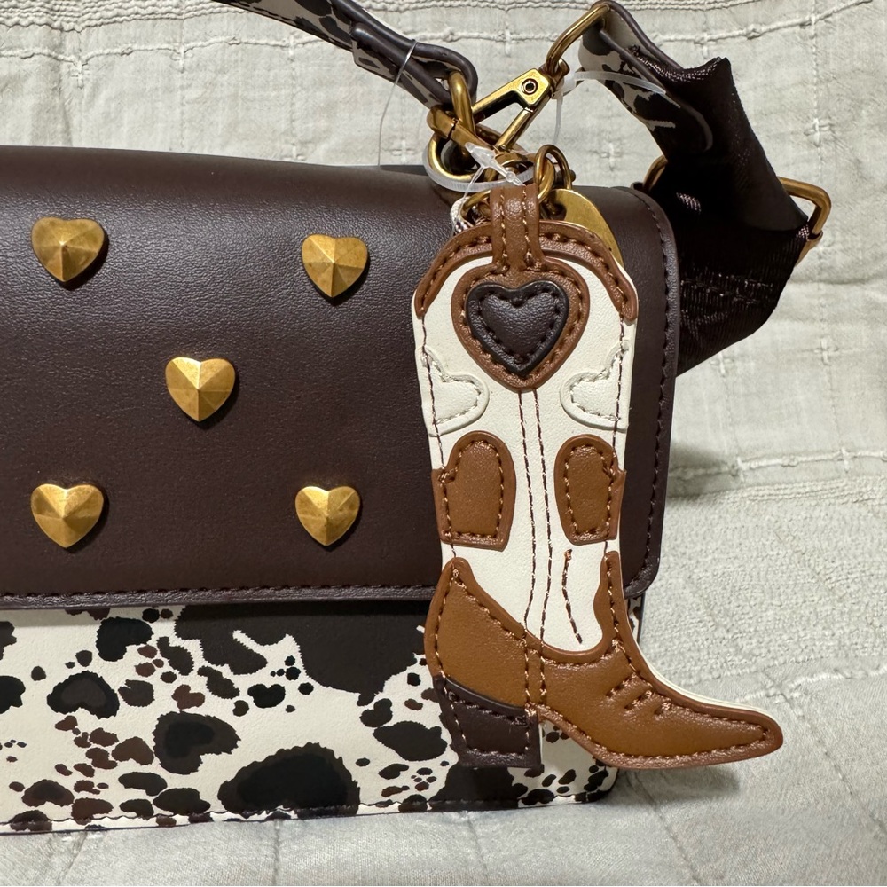 Betsey Johnson Western Brown & Black Cow Crossbody Bag with Heart Accents Charms - Picture 3 of 16